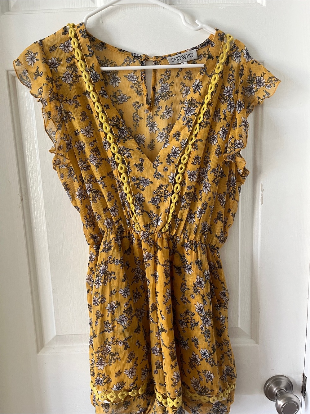 Showpo Mustard Floral V-Neck Romper with Crochet Trim